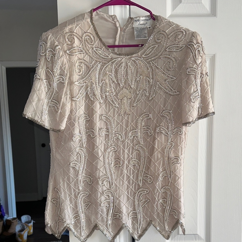 Papell Boutique Cream Beaded Blouse 100% Silk